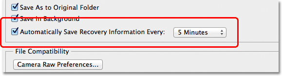 The Automatically Save Recovery Information Every option in the File Handling section of the Preferences in Photoshop CS6. Image © 2012 Steve Patterson, Photoshop Essentials.com