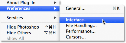 Selecting the Interface preferences in Photoshop CS6. Image © 2012 Photoshop Essentials.com