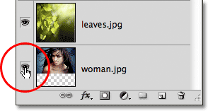 Clicking the layer visibility icon in the Layers panel in Photoshop. Image © 2011 Photoshop Essentials.com