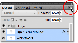 Clicking on the Layers panel menu icon. Image © 2011 Photoshop Essentials.com