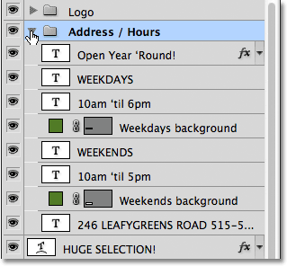 Twirling open the new layer group to reveal the layers inside it. Image © 2011 Photoshop Essentials.com