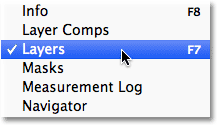 Selecting the Layers panel from the Window menu in Photoshop. Image © 2011 Photoshop Essentials.com