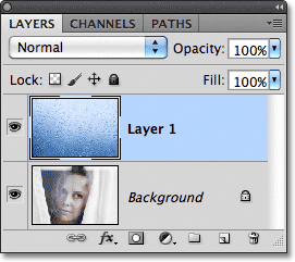 Photoshop Layers panel showing both photos. Image © 2011 Photoshop Essentials.com