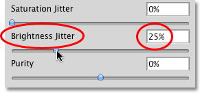 Setting the Brightness Jitter in the Color Dynamics section of the Brushes panel to 25%. Image © 2010 Photoshop Essentials.com