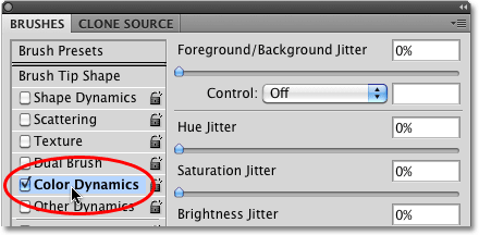 Selecting Color Dynamics in the Brushes panel in Photoshop. Image © 2010 Photoshop Essentials.com