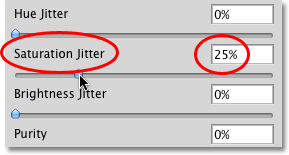 Setting the Saturation Jitter in the Color Dynamics section of the Brushes panel to 25%. Image © 2010 Photoshop Essentials.com