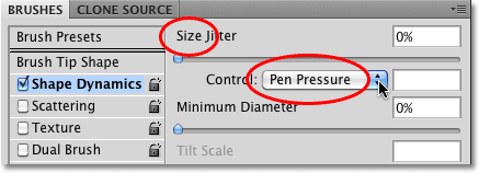 Изменение параметра Размер контроля на Pen Pressure на панели кистей в Photoshop. Image © 2010 Photoshop Essentials.com