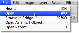 The File - Open command in Photoshop CS4. Image © 2009 Photoshop Essentials.com.