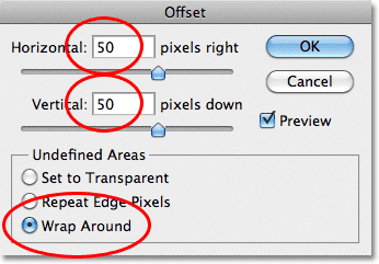 Photoshop Offset filter dialog box. Image © 2011 Photoshop Essentials.com