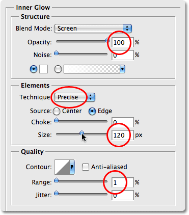 The Inner Glow layer style options in Photoshop. Image © 2008 Photoshop Essentials.com.