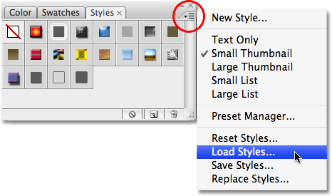 Memilih opsi 'Load Styles' dari palet Styles di Photoshop. Gambar � 2008 Photoshop Essentials.com.