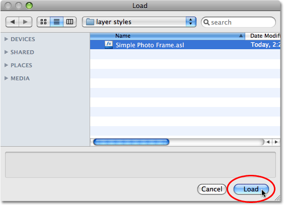 Loading a layer style set in to Photoshop. Image © 2008 Photoshop Essentials.com.