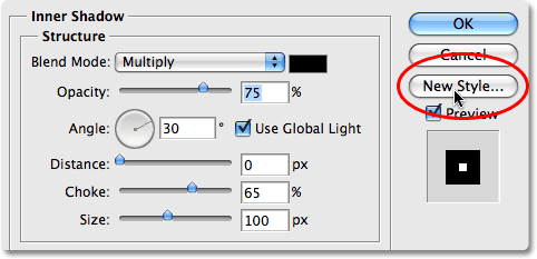 Mengklik tombol 'Gaya Baru' di kotak dialog Layer Style di Photoshop. Gambar � 2008 Photoshop Essentials.com.