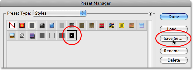 Saving a new layer style set in Photoshop. Image © 2008 Photoshop Essentials.com.