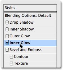 Memilih Inner Glow dari kotak dialog Layer Style di Photoshop. Gambar © 2008 Photoshop Essentials.com.