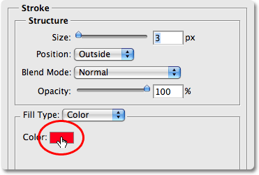 Pilihan warna stroke di kotak dialog Layer Style di Photoshop. Gambar © 2008 Photoshop Essentials.com.