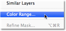 Selecting the Color Range command in Photoshop. Image © 2012 Photoshop Essentials.com