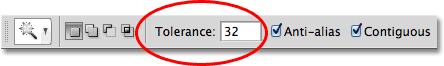 The Magic Wand Tolerance option in the Options Bar. Image © 2012 Photoshop Essentials.com