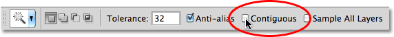 The Contiguous option for the Magic Wand in Photoshop. Image © 2010 Photoshop Essentials.com