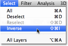 Choisir Inverse dans le menu Sélectionner dans Photoshop. Image © 2010 Photoshop Essentials.com