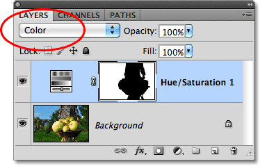 Changing the layer blend mode of the adjustment layer to Color. Image © 2010 Photoshop Essentials.com