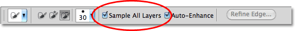 The Sample All Layers option for the Quick Selection Tool. Image © 2010 Photoshop Essentials.com