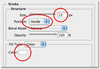 Setting the options for the Stroke layer style. Image © 2010 Photoshop Essentials.com