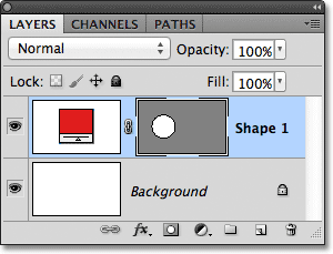 Panel Layers menampilkan Layer Shape duduk di atas layer Background. Gambar © 2011 Photoshop Essentials.com