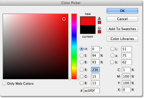 Choosing a color from the Color Picker in Photoshop. Image © 2011 Photoshop Essentials.com