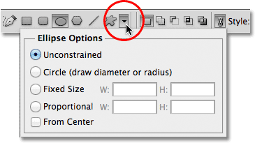 Pilihan Ellipse Tool di Bar Pilihan di Photoshop. Gambar © 2011 Photoshop Essentials.com