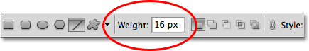 Опция Вес для инструмента Line в Photoshop. Image © 2011 Photoshop Essentials.com