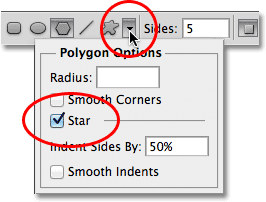 Варианты Polygon Tool в панели параметров в Photoshop. Image © 2011 Photoshop Essentials.com