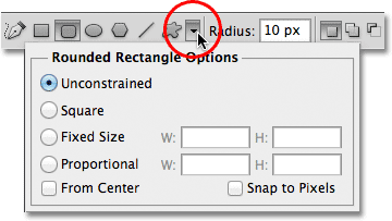 Daftar pilihan untuk Rounded Rectangle Tool. Gambar © 2011 Photoshop Essentials.com