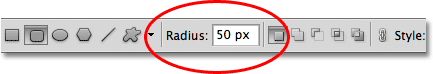 Mengatur nilai Radius untuk Rounded Rectangle Tool di Photoshop. Gambar © 2011 Photoshop Essentials.com