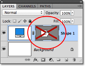 Menghidupkan vektor topeng sementara di panel Layers. Gambar © 2011 Photoshop Essentials.com