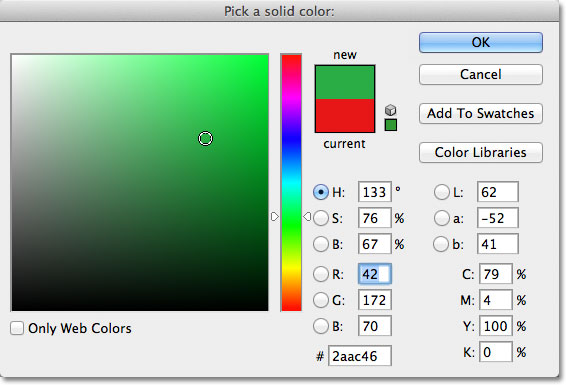 Kecepatan memerlukan, expandabilas Warna Bahasa Dari Color Picker untuk Padat lapisan Color untuk mengisi.  Gambar © 2011 Photoshop Essentials.com