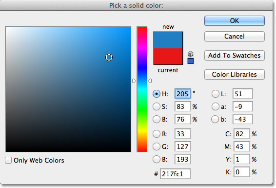 Kecepatan memerlukan, expandabilas biru Bahasa Dari Color Picker di Photoshop.  Gambar © 2011 Photoshop Essentials.com