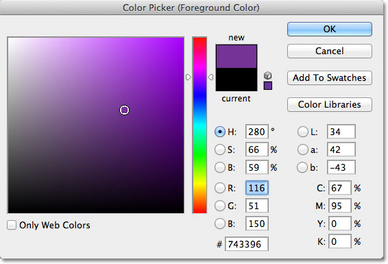 Kecepatan memerlukan, expandabilas ungu Bahasa Dari Color Picker di Photoshop.  Gambar © 2011 Photoshop Essentials.com