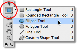 Kecepatan memerlukan, expandabilas Ellipse Tool Bahasa Dari panel Tools di Photoshop.  Gambar © 2011 Photoshop Essentials.com