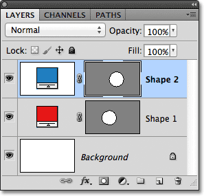 Lapisan biru bentuk vektor Yang dipilih Dalam, Layers panel.  Gambar © 2011 Photoshop Essentials.com