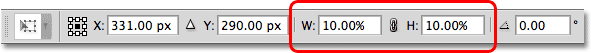The Width and Height options for Free Transform in the Options Bar. Image © 2011 Photoshop Essentials.com