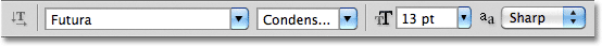 Photoshop font options in the Options Bar. Image © 2011 Photoshop Essentials.com