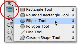 Выбор Ellipse Tool в Photoshop. Image © 2011 Photoshop Essentials.com