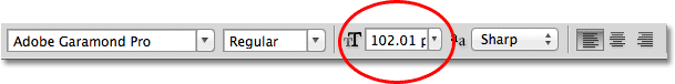 The Font Size option is now displaying the new type size. Image © 2011 Photoshop Essentials.com