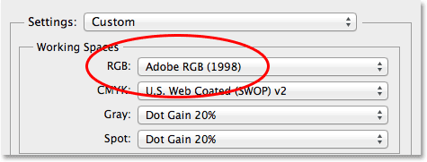 Mengubah RGB ruang kerja di Photoshop dari sRGB ke Adobe RGB. Image © 2013 Photoshop Essentials