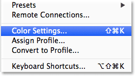 Opening the Color Settings from the Edit menu in Photoshop CC. Image © 2013 Photoshop Essentials