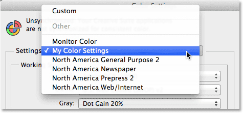 Selecting my new custom color settings from the list of presets. Image © 2013 Photoshop Essentials