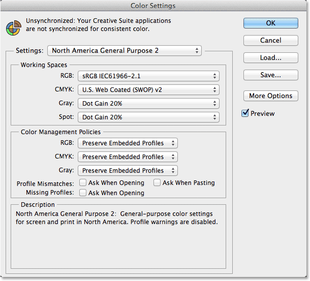 The Color Settings dialog box in Photoshop CC. Image © 2013 Photoshop Essentials