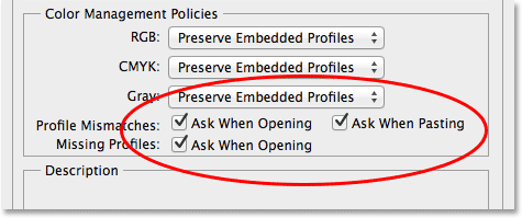 Profil Mismatch dan Profil Hilang opsi peringatan. Image © 2013 Photoshop Essentials