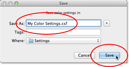 Mengklik tombol Simpan di kotak dialog Pengaturan Warna. Image © 2013 Photoshop Essentials